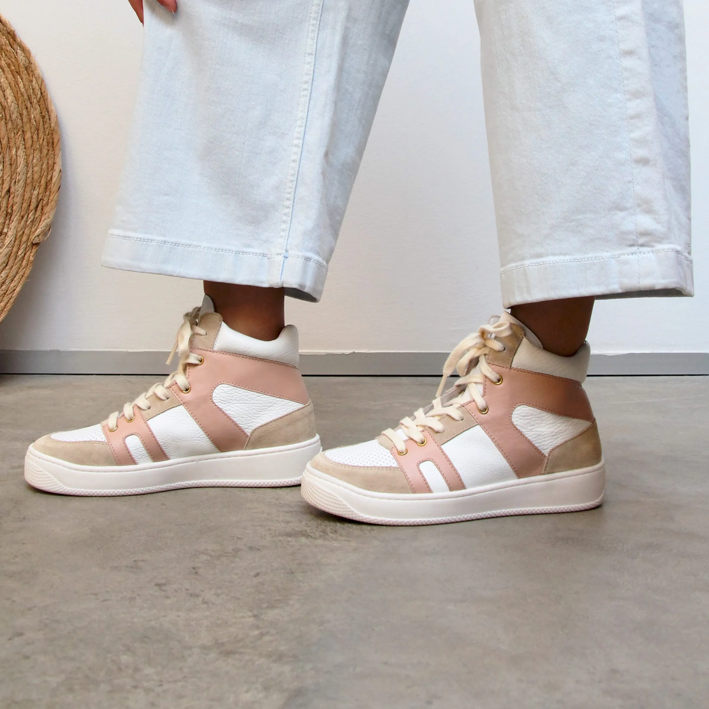 Femme JULES & JENN Baskets | Baskets montantes cuir blanc rose