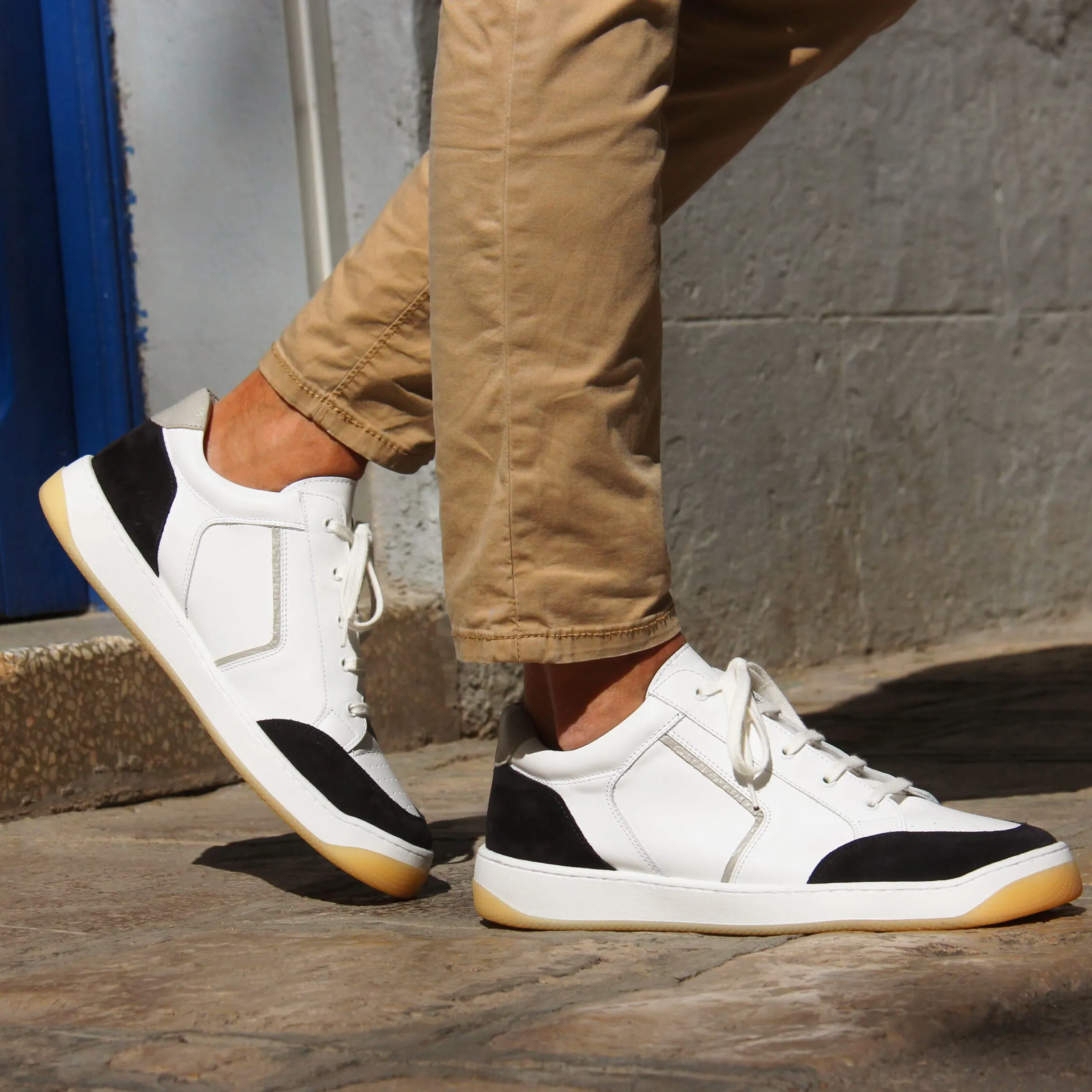 Homme JULES & JENN Baskets | Baskets rétro homme cuir blanc bleu