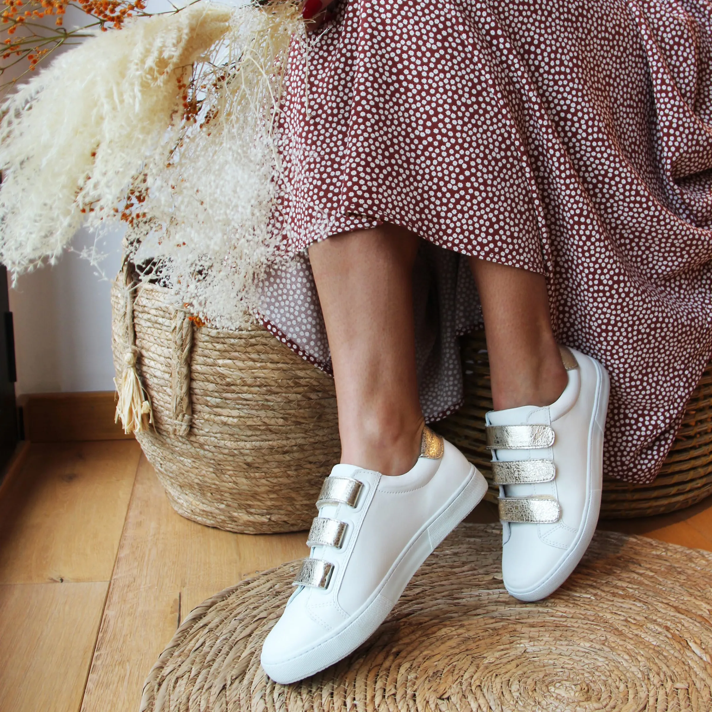 Femme JULES & JENN Baskets | Baskets scratch cuir blanc doré