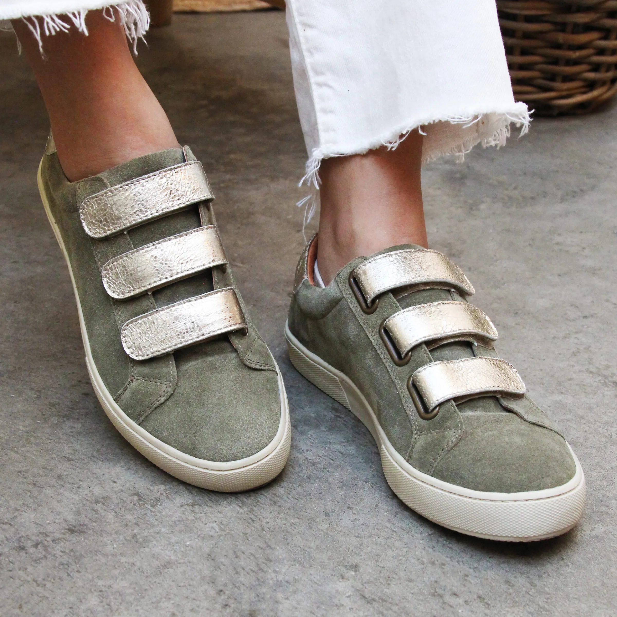 Femme JULES & JENN Baskets | Baskets scratch cuir daim kaki doré