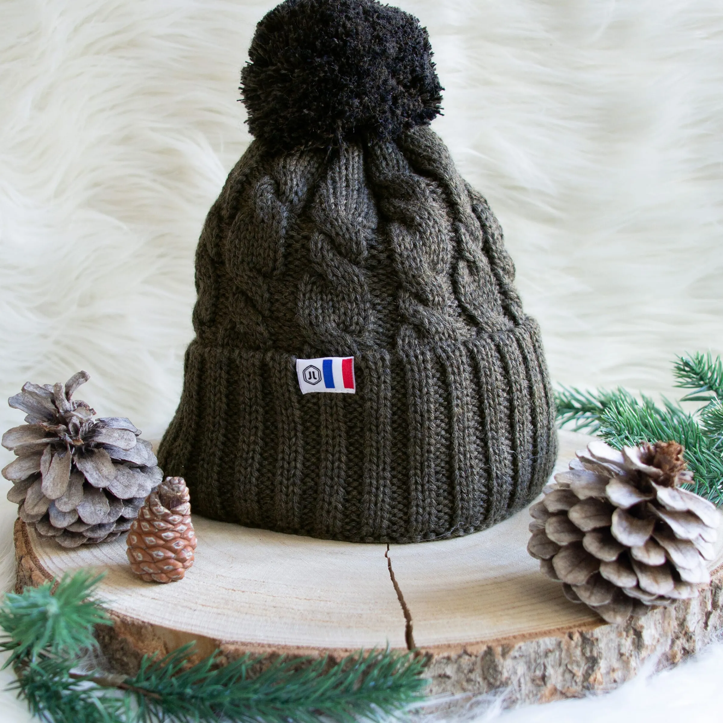 Femme JULES & JENN Bonnets | Bonnets | Bonnet pompon laine kaki noir