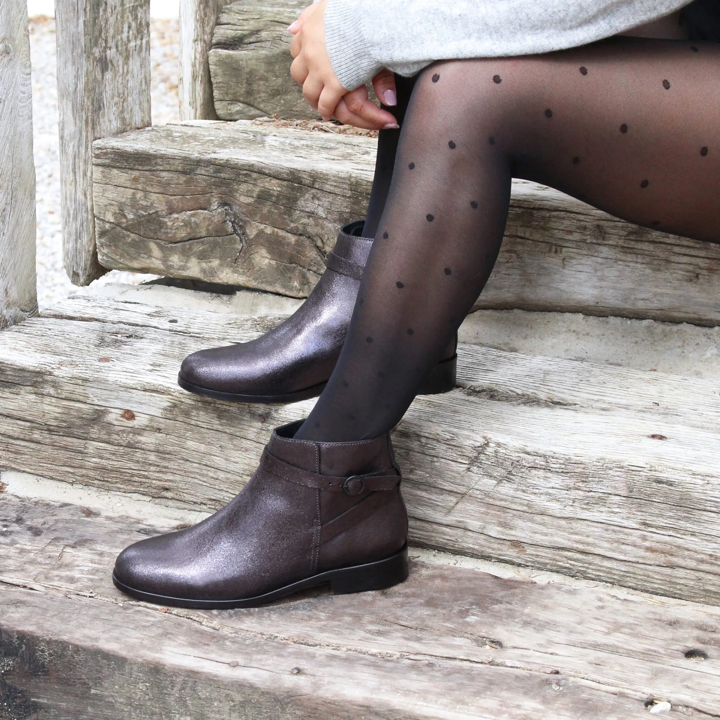 Femme JULES & JENN Bottines & Bottes | Bottines cavalières plates cuir irisé noir