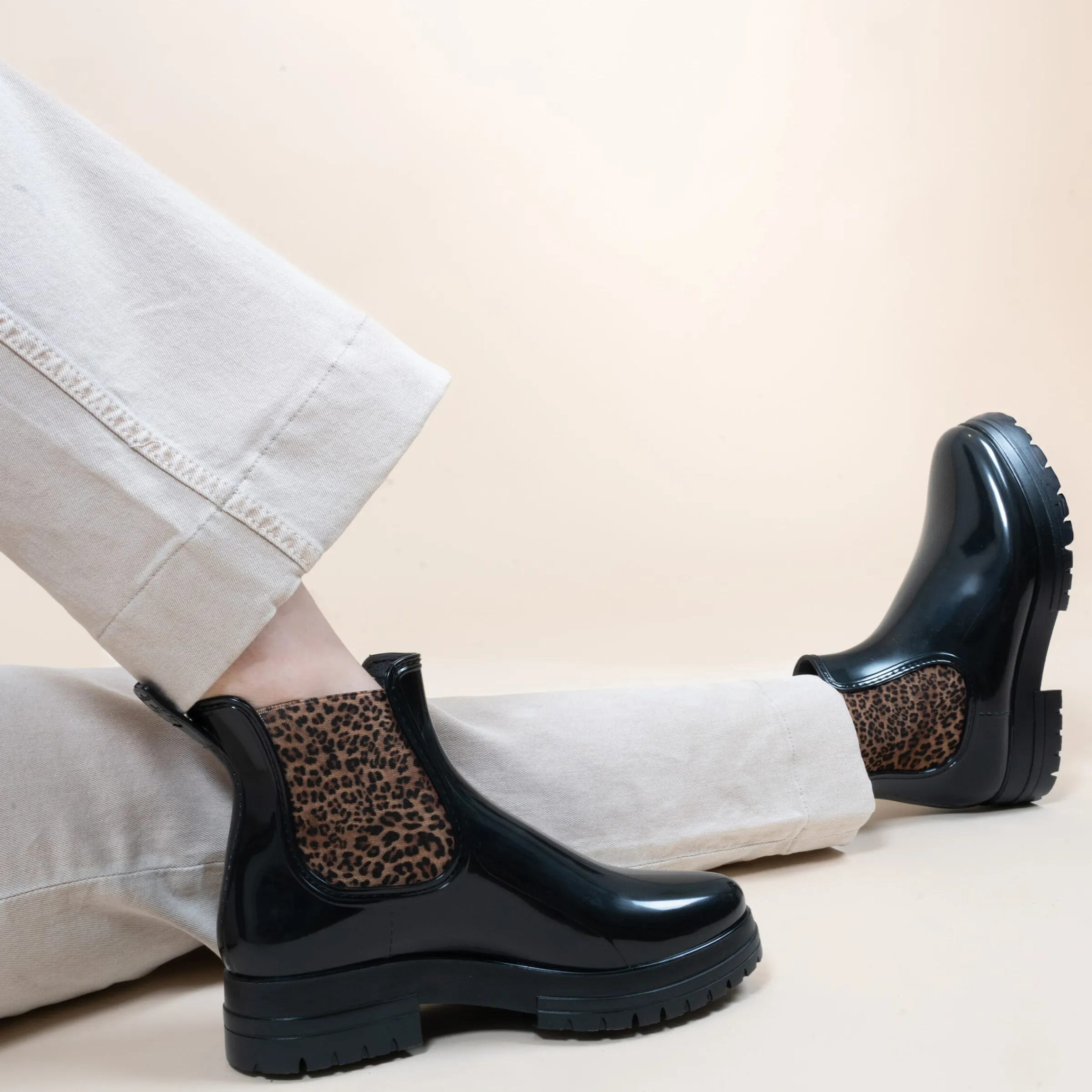 Femme JULES & JENN Bottines & Bottes | Bottines de pluie crantées noir léopard