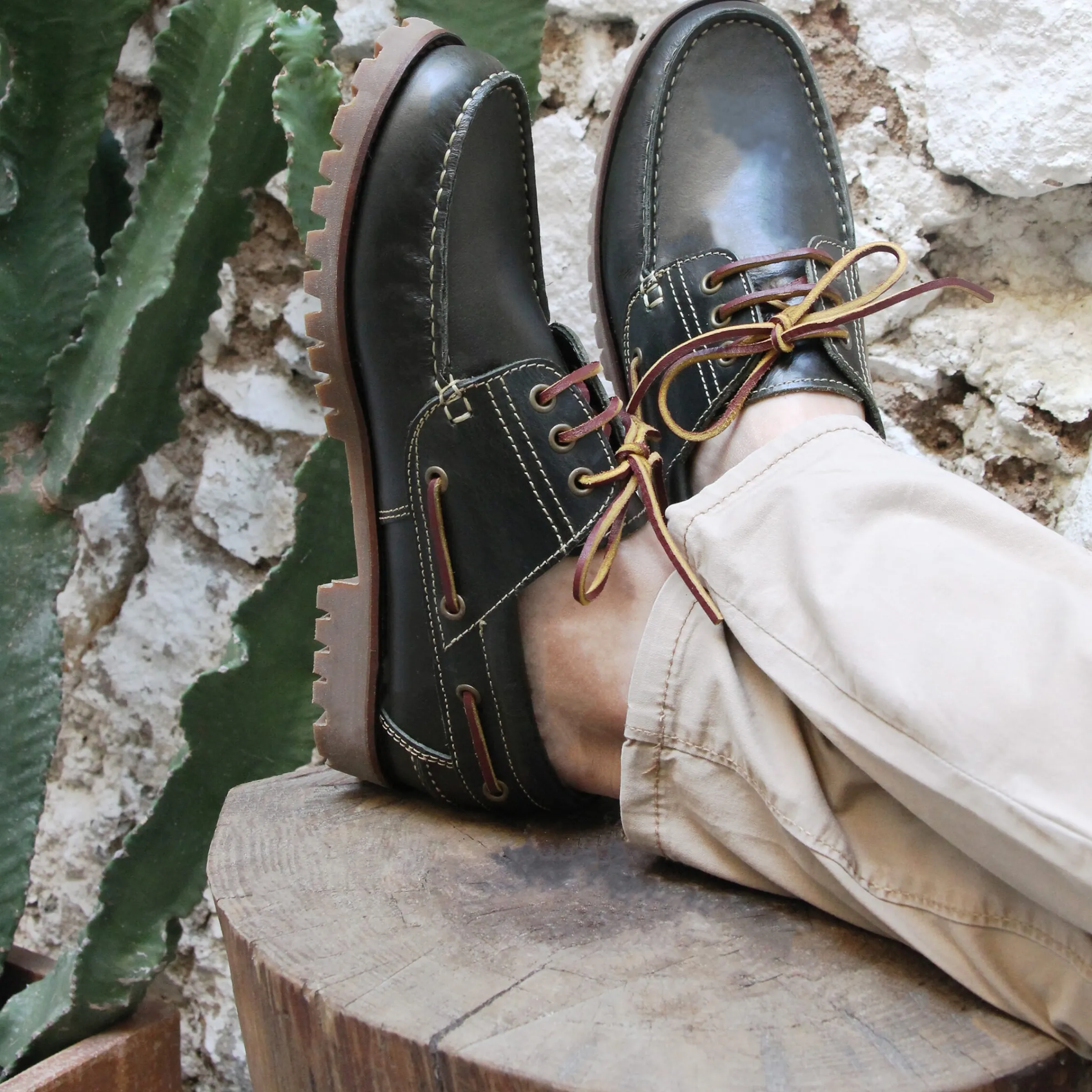 Homme JULES & JENN Chaussures Bateau | Chaussures bateau crampons cuir vert