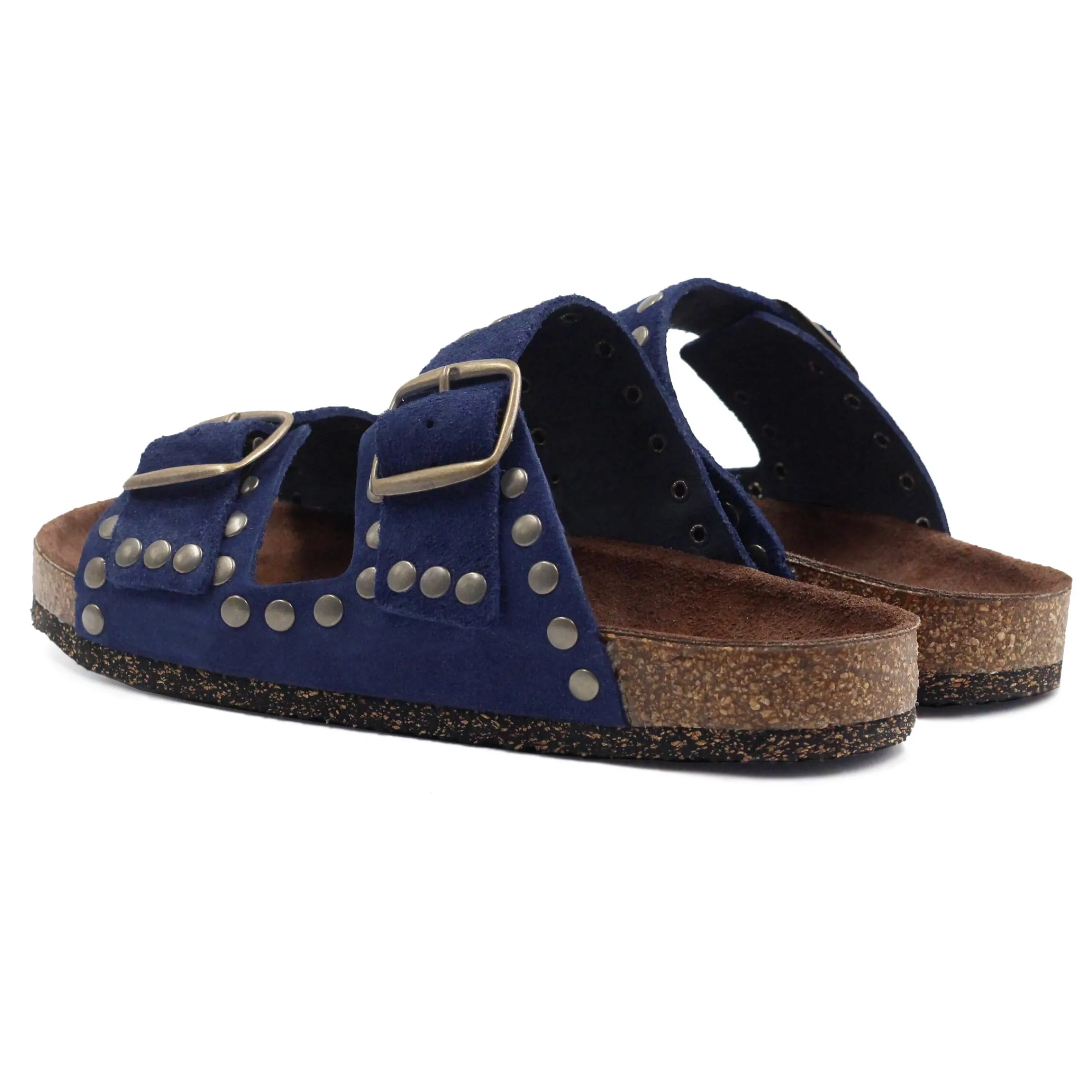 Femme JULES & JENN Sandales | Mules liège cloutées cuir daim bleu